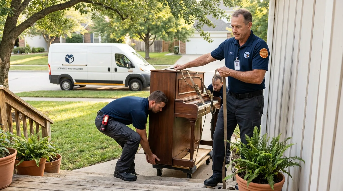 Licensed piano movers securing grand piano in Oakham, MA