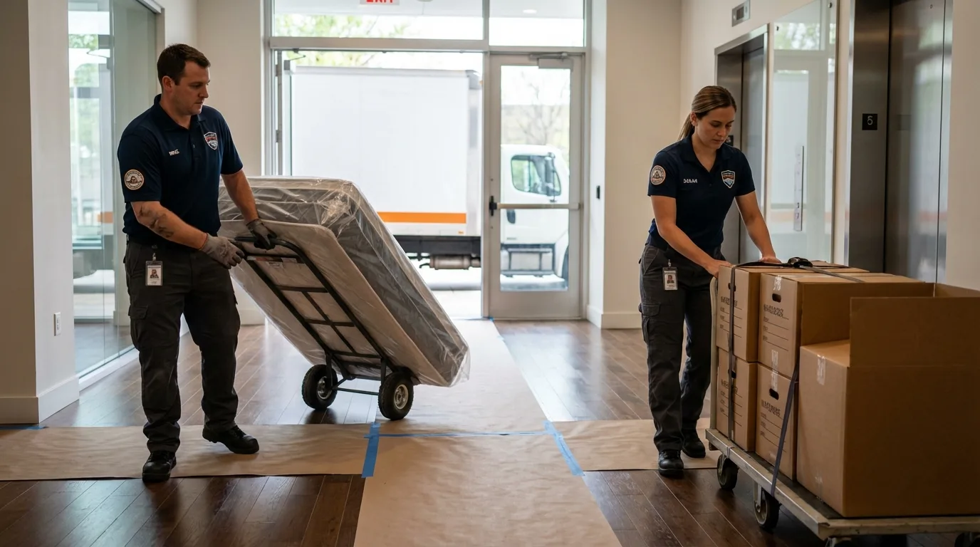 Professional apartment movers loading elevator in Oakham, MA