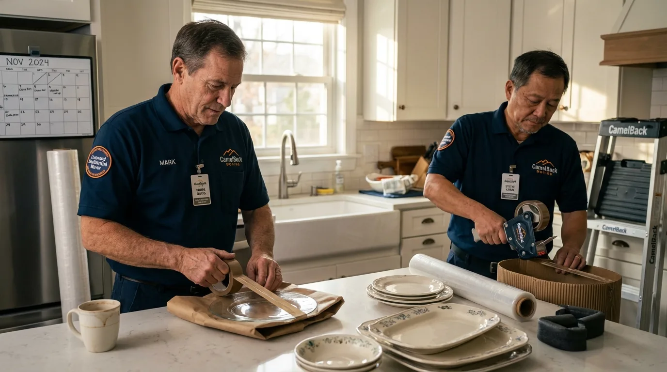 Professional crew packing kitchen dishware in Oakham, MA